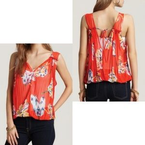 Free People Red Floral Vneck Pleated Tank Top